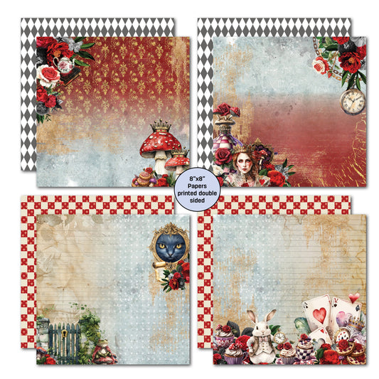 Red Queen 8x8 Paper Pack papers showing four double-sided designs featuring crowned mushroom with roses, Red Queen portrait with pocket watch and roses, Cheshire Cat in ornate frame with garden gate, and White Rabbit with playing cards and teacups