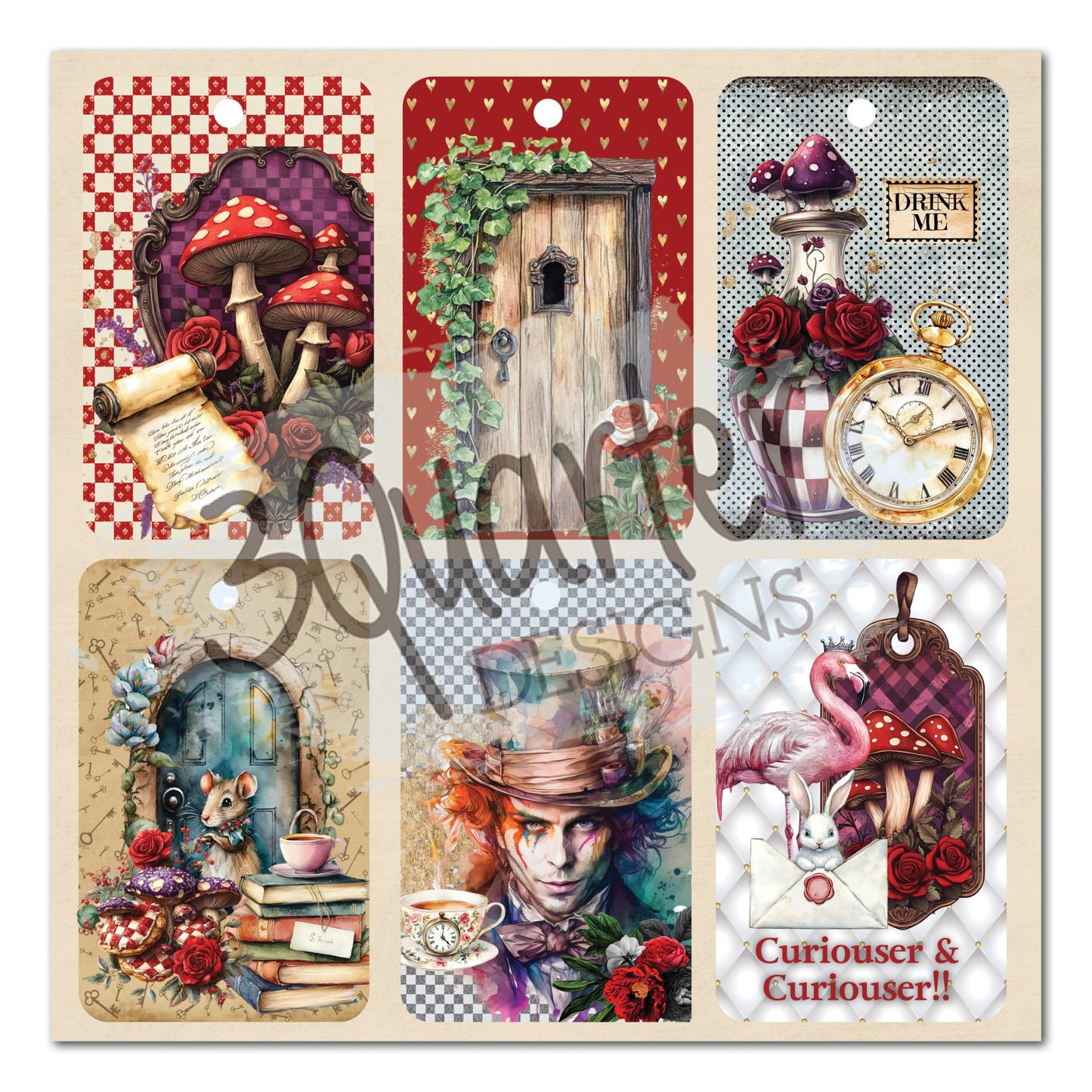 Red Queen 8x8 Paper Pack tag sheet showing six decorative tags to cut out featuring mushrooms with scroll, wooden door with ivy, mushroom bottle with pocket watch, blue door with dormouse tea party, Mad Hatter watercolour portrait, and flamingo with White Rabbit