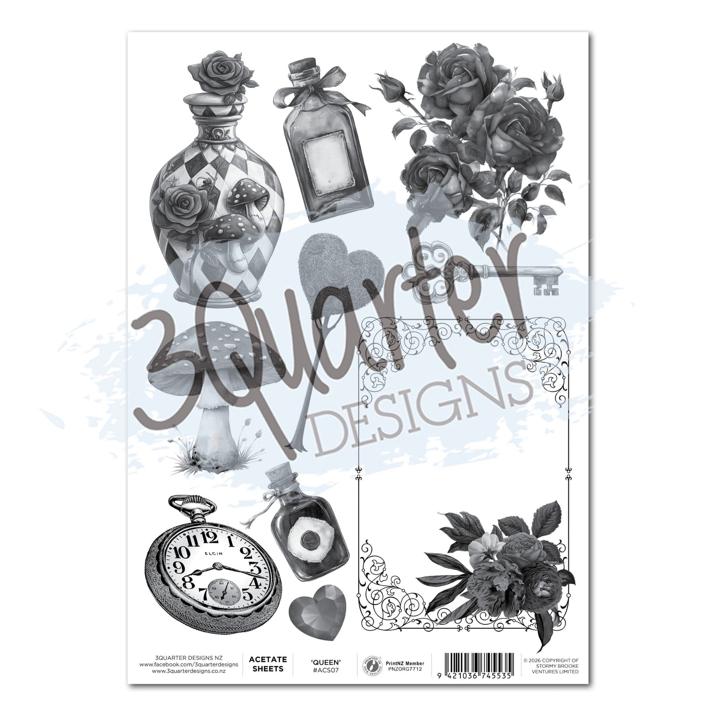Red Queen acetate sheet A4 by 3Quarter Designs featuring monochromatic grey designs including checkered bottles with roses and mushrooms, bottle, rose bouquets, vintage pocket watch, ornate key, decorative frames and heart motifs on clear acetate