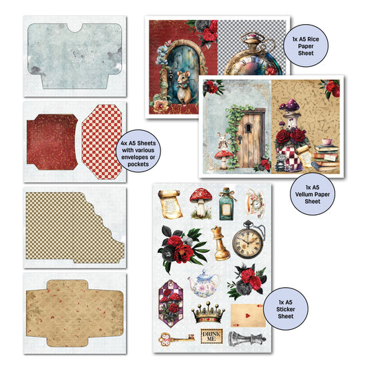 Red Queen Gimme More Pack extras showing A5 sticker sheet with vintage elements, vellum sheet with illustrations, rice paper sheet and four envelope pocket pages in coordinating patterns