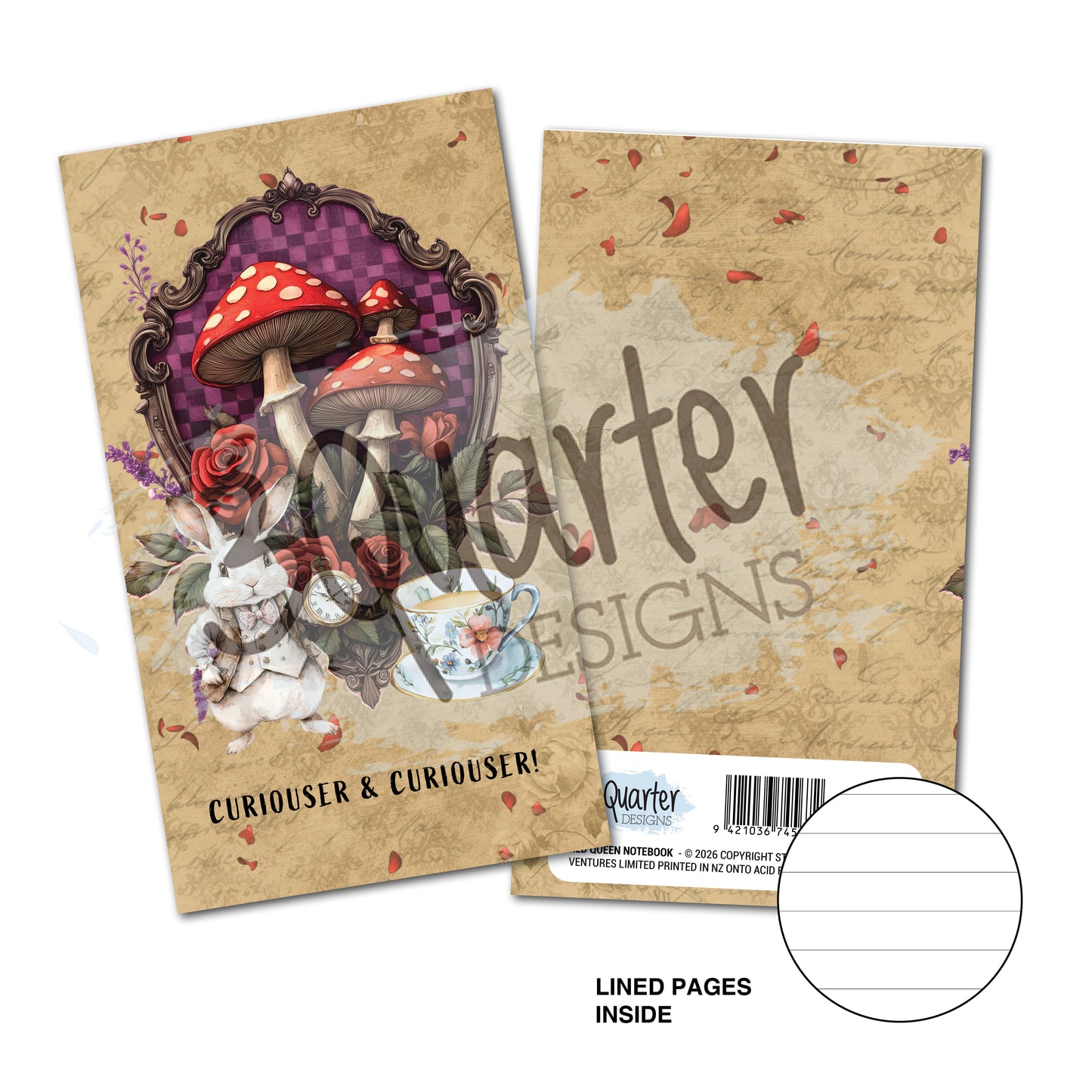 Red Queen mini notebook by 3Quarter Designs showing front and back covers with ornate framed red mushrooms, white rabbit, roses, teacup, pocket watch and falling petals on vintage parchment background, with lined pages inside detail