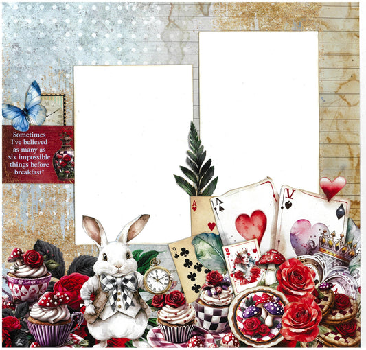 Red Queen scrapbook layout sample featuring photo mats with White Rabbit in waistcoat holding pocket watch, playing cards, cupcakes with roses, checkered tarts, mushrooms, blue butterfly and six impossible things quote on weathered wood and distressed background