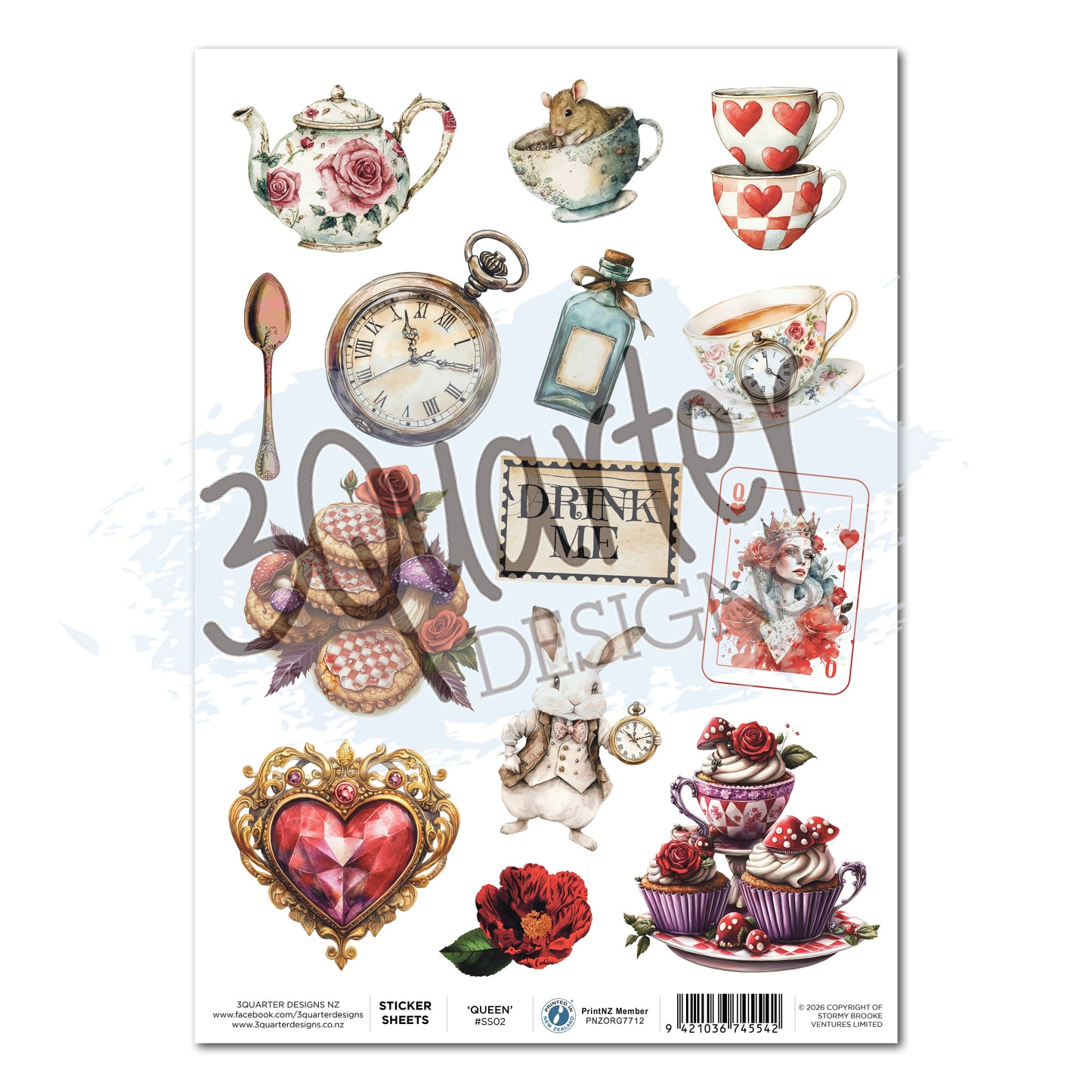 Red Queen sticker sheet by 3Quarter Designs featuring vintage teapots with roses, ornate teacups, pocket watch, jewelled heart brooch, dormouse in teacup, playing card, cupcakes, drink me tag and floral elements in dusty rose and red tones on white background