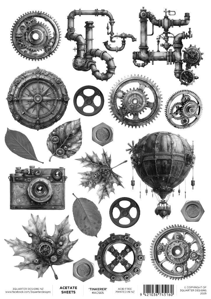 Rustic Tinkerer acetate sheet featuring transparent decorative designs for layered paper craft projects. Features steampunk style pipes, cogs, leaves and a hot air balloon.