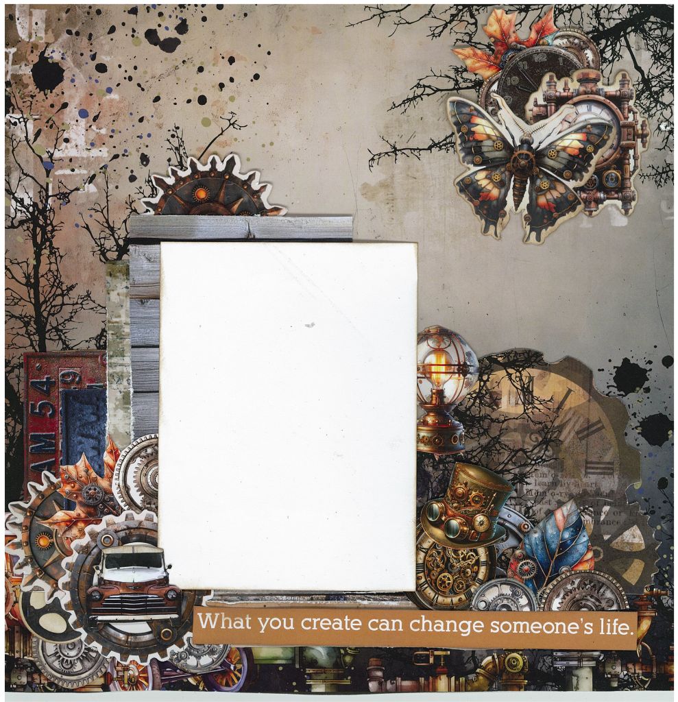 Rustic Tinkerer scrapbook example highlighting layered textures and earthy hues for vintage-style crafting.