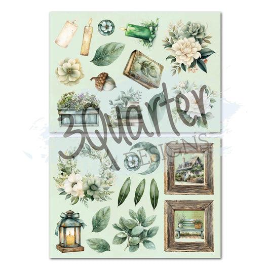 Two die-cut sheets from Sage Candlelight 8x8 Paper Pack featuring vintage elements including candles, glass bottles, leaves, florals, weathered frames, vintage books, acorn, birdhouse and decorative embellishments in sage green and neutral tones