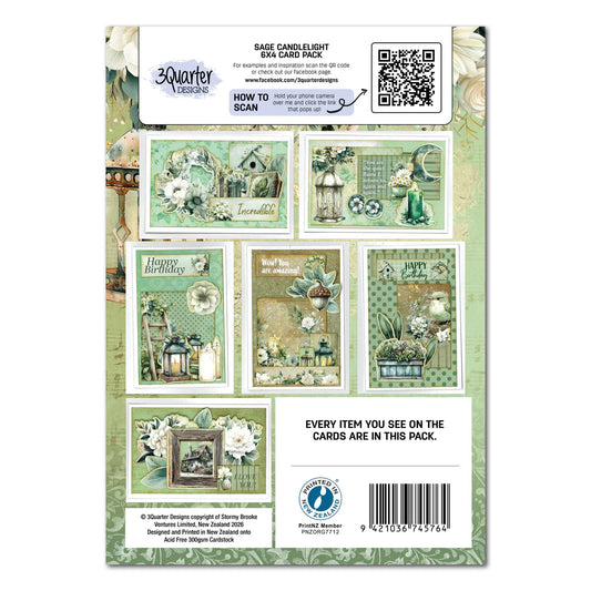 Back of 3Quarter Designs Sage Candlelight 6x4 Card Making Kit showing samples of cards that can be made with the kit and QR code to more images