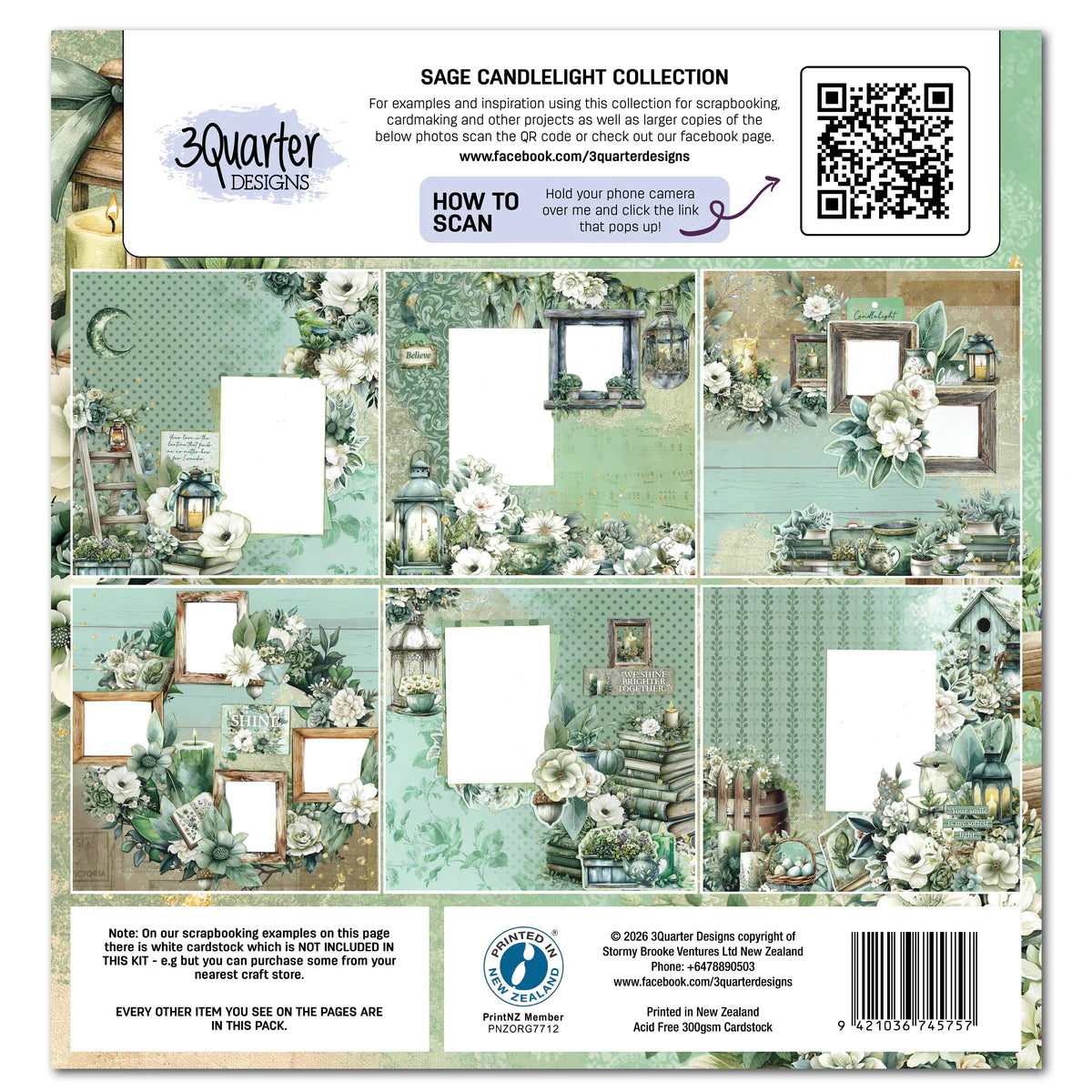 Back of 3Quarter Designs Sage Candlelight 12x12 collection kit showing 6 completed scrapbook page examples featuring vintage elements, florals, candlelit scenes and inspirational layouts with QR code and product information