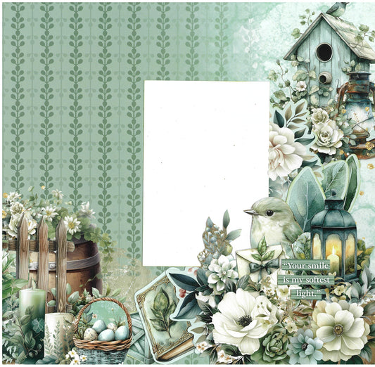 12x12 scrapbook layout using 3Quarter Designs Sage Candlelight Collection Kit featuring a teal birdhouse, wren bird, glowing lantern, white florals, a wicker basket of speckled eggs, pillar candles, and the sentiment "Your smile is my softest light" on sage leaf stripe and floral papers