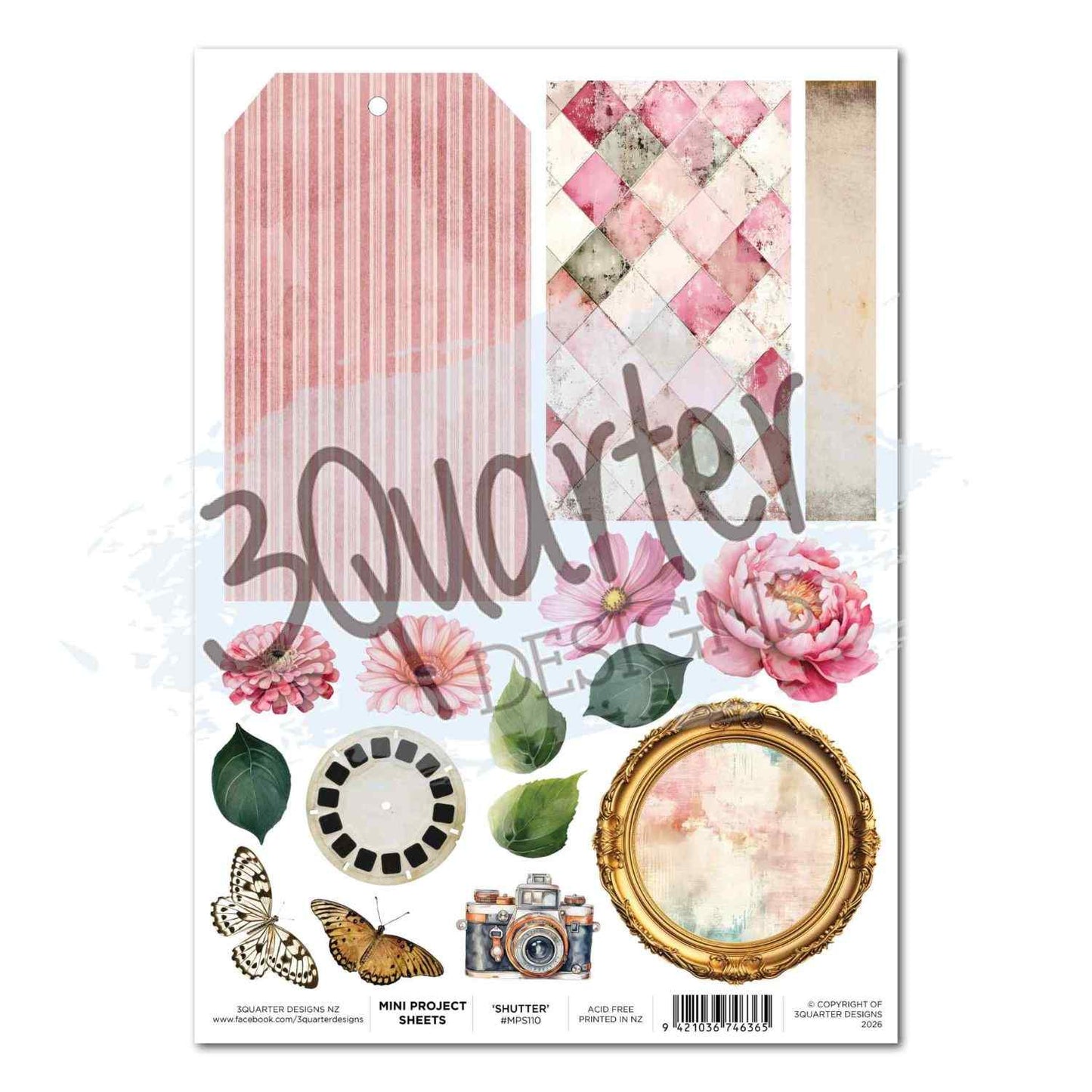 Shutter Glam Mini Project Sheet with pink stripe tag, harlequin panel, florals, leaves, view-finder reel, butterflies, camera and gold oval frame