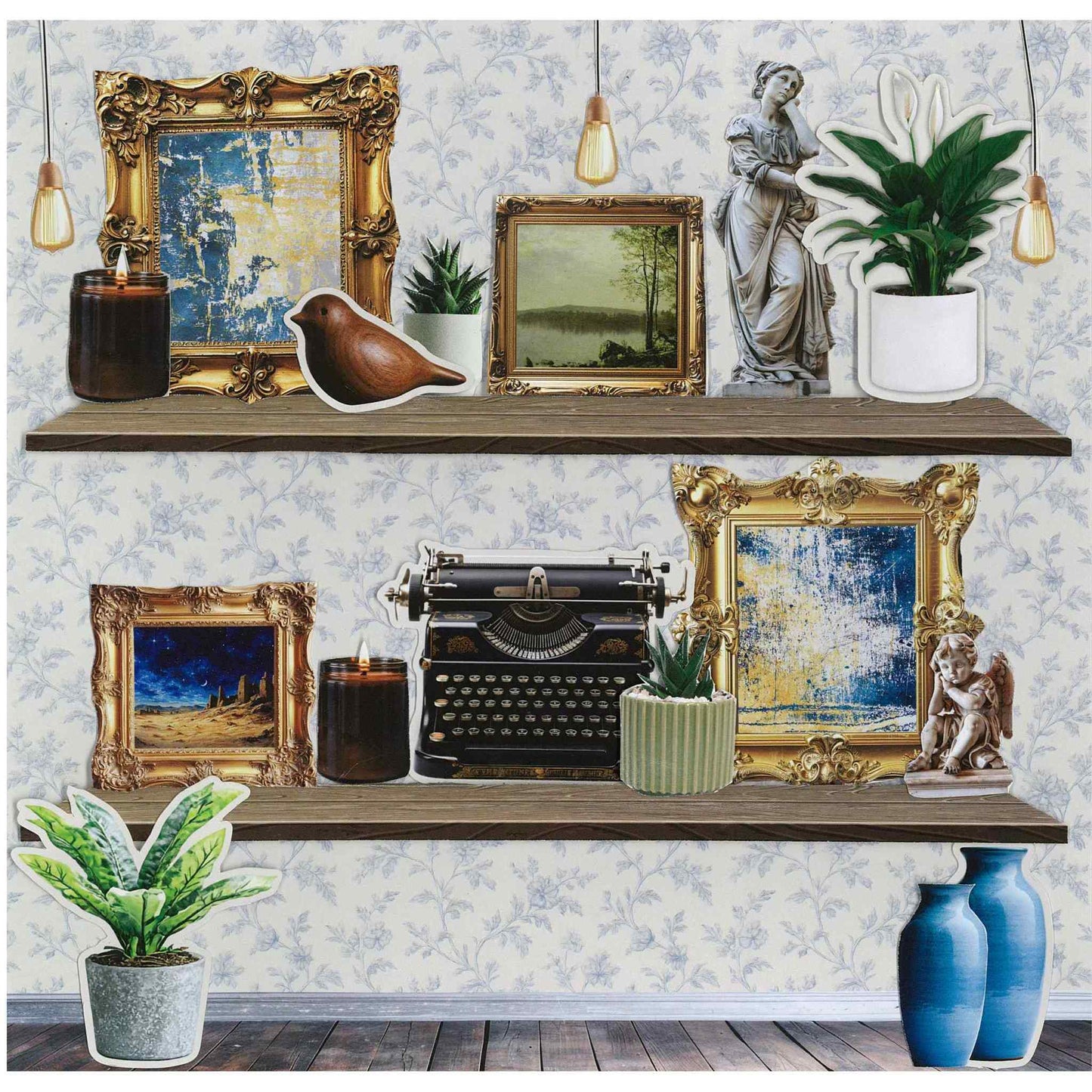 Timeless Gallery sample layout — two timber shelves on cream blue floral wallpaper paper with ornate gold framed paintings, vintage typewriter, candles, wooden bird, classical statue, peace lily plant, succulent, snake plant, blue vases and Edison bulb pendant lights