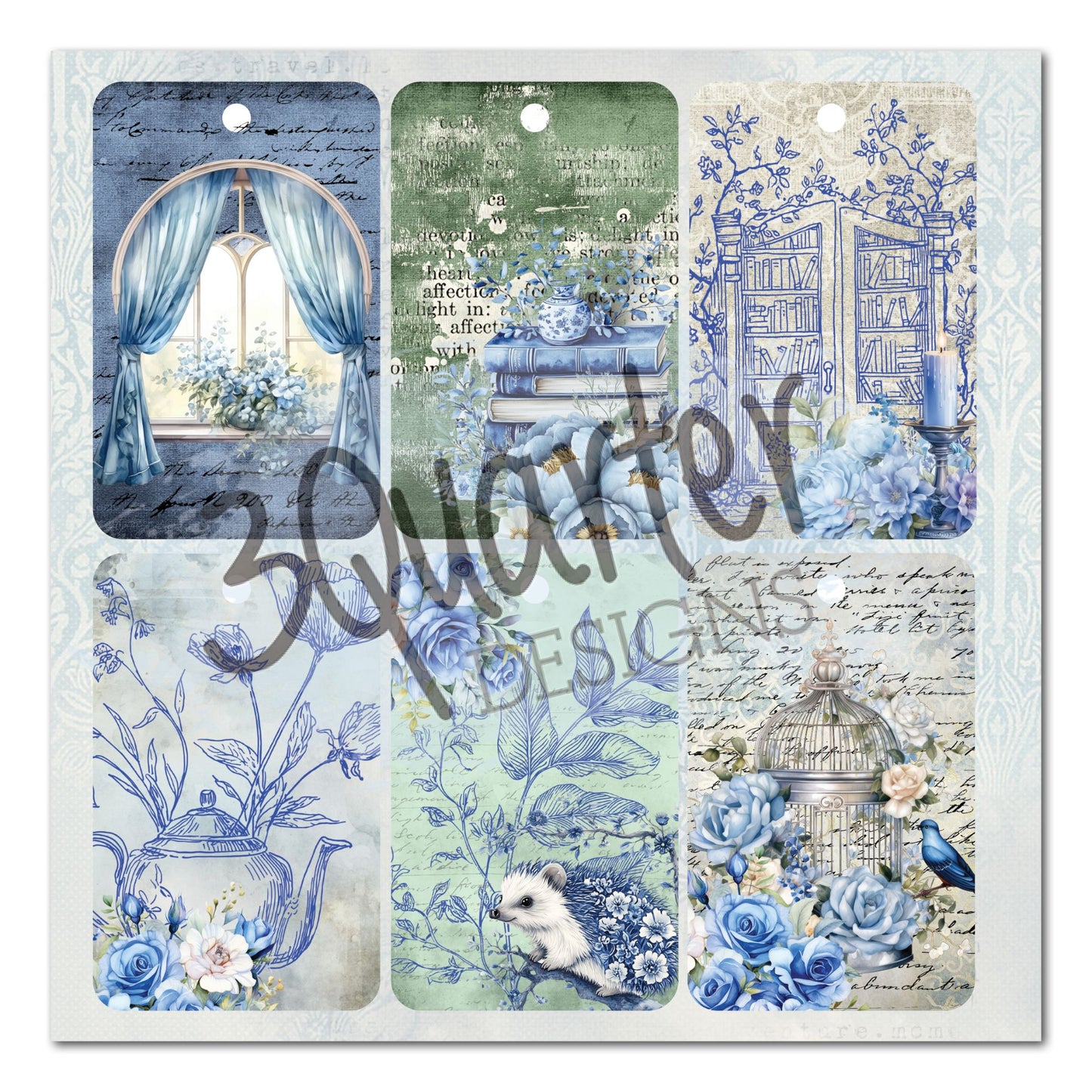 Twilight Ink inside front cover tags by 3Quarter Designs — six tags featuring arched window with blue curtains, stacked books with teacup and roses, illustrated bookcase with candle, line-drawn teapot with florals, hedgehog among foliage, and birdcage with bluebird and blue roses