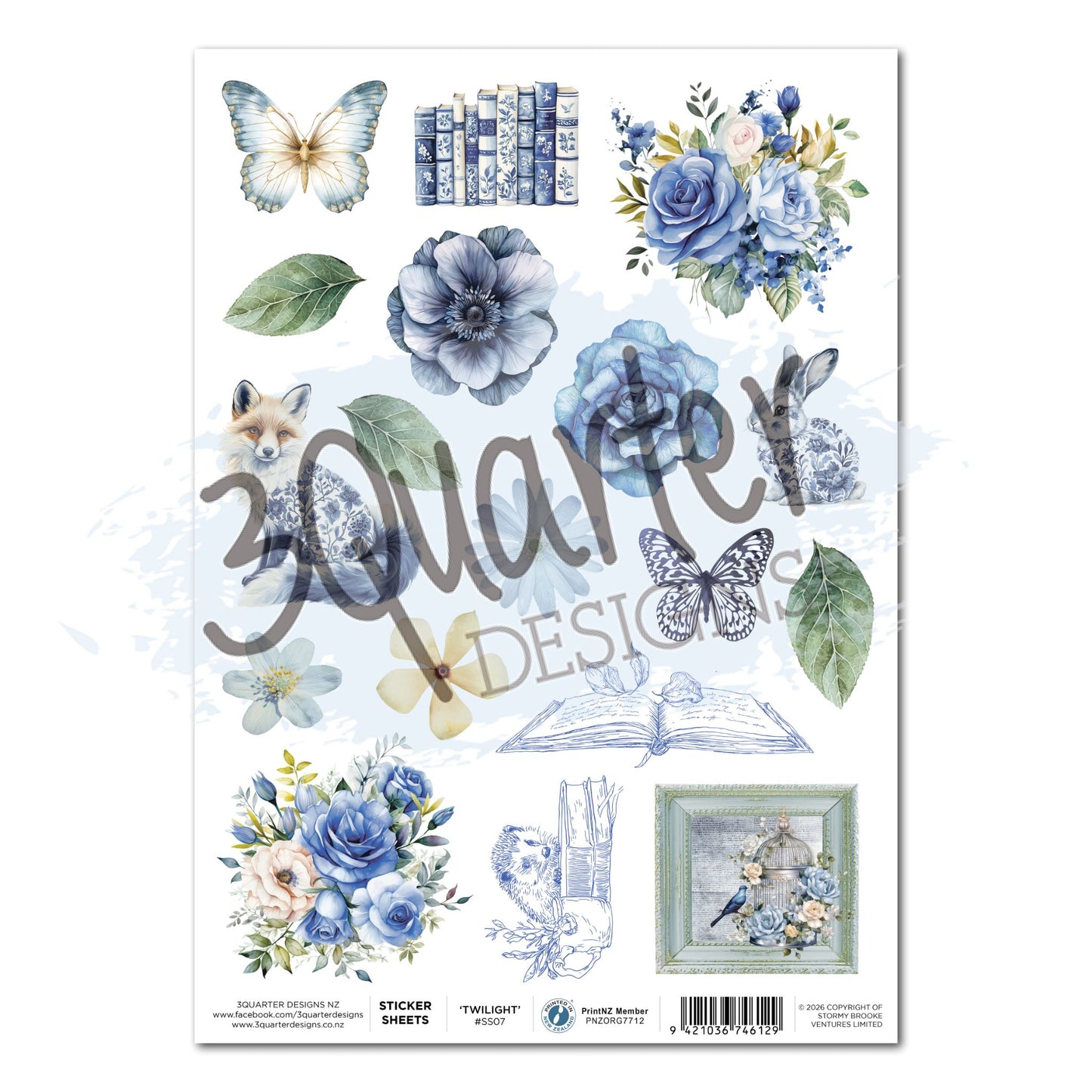 Twilight Ink A4 Sticker Sheet by 3Quarter Designs — butterfly, stacked books, blue roses, fox, rabbit, anemone, peony, leaves, open book, owl, birdcage framed print, and blue floral bouquets on white background