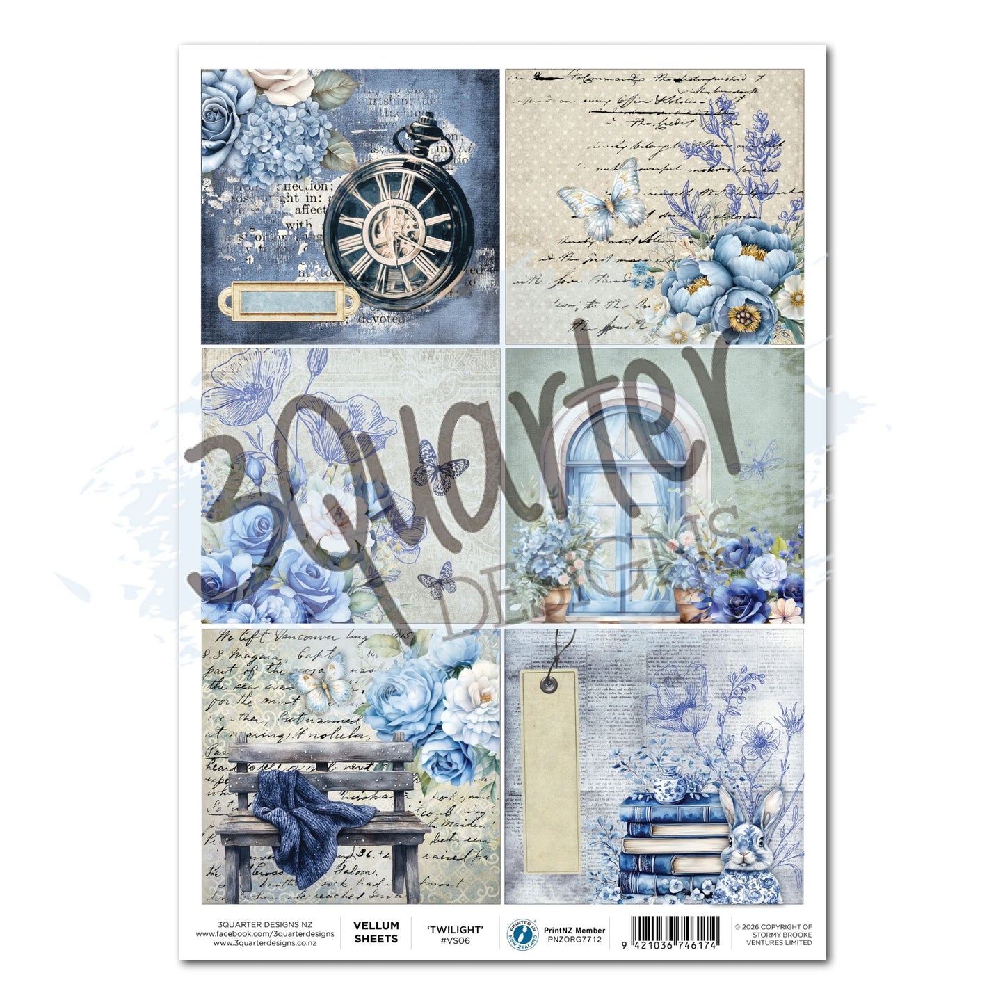 Twilight Ink A4 Vellum Sheet by 3Quarter Designs — 6 cut-apart images on translucent vellum featuring pocket watch with blue roses, butterfly and peony on script, arched window with florals, park bench with blue roses, and stacked books with rabbit
