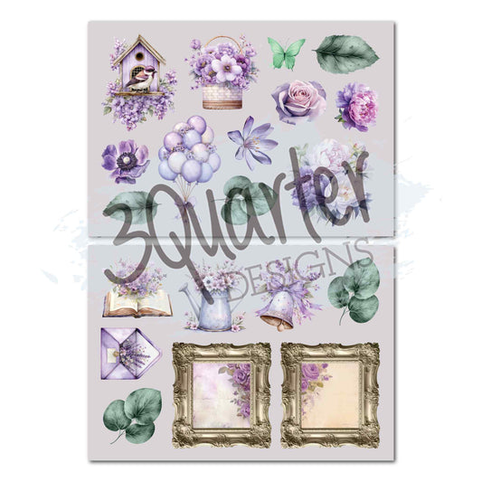 Violet Dreams die-cut sheets — birdhouse with sparrow, flower basket, teal butterfly, purple anemone, balloon bunch, open book, vase of flowers, bell, lavender envelope, eucalyptus leaves and two ornate gold frames with floral inserts