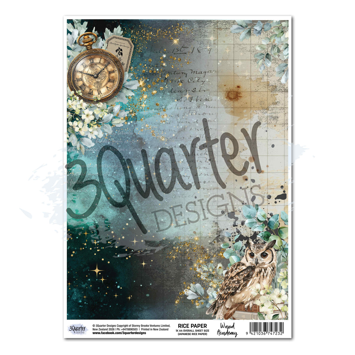 3Quarter Designs Wand Academy A4 rice paper with an owl, vintage clock, pale flowers, faint handwriting and starry teal background