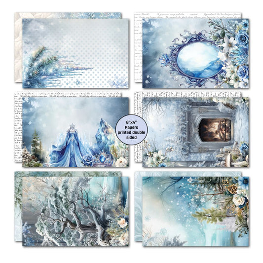 Promotional sheet for Winter Chronicles pack showing included cards, papers, and die-cuts