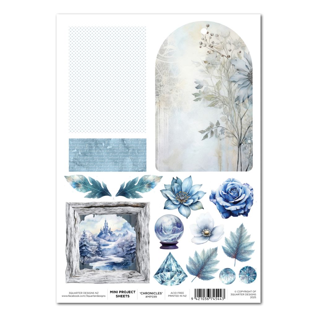 Winter Chronicles Mini Project Sheet with winter florals, feathers, gems, and fantasy-themed embellishments by 3Quarter Designs