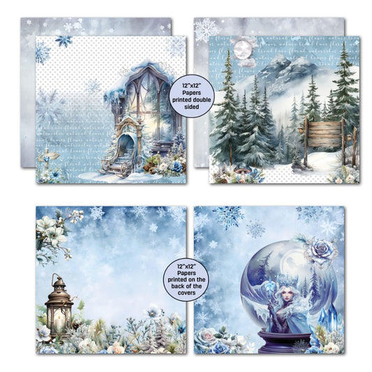 Winter fantasy papers with icy throne, snow globe, lantern, and snowy forest scenes