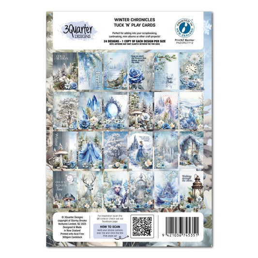 Sheet of Winter Chronicles Tuck 'N' Play Cards with 24 winter-themed designs including castles, florals, and seasonal quotes by 3Quarter Designs