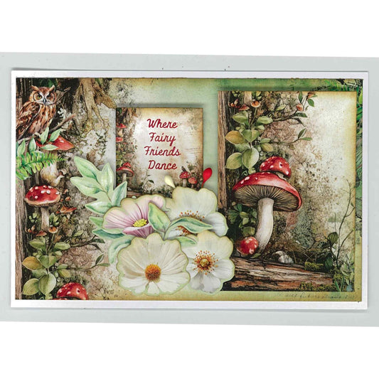 Woodland Hollow sample card with an owl, red mushrooms, flowers and “Where Fairy Friends Dance” sentiment.