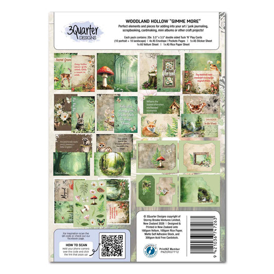 Woodland Hollow Gimme More pack reverse showing the card designs, envelope and pocket pages, specialty sheets and pack contents.