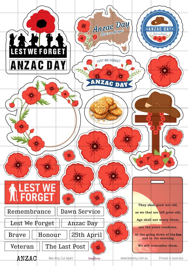 ANZAC Day cut-apart sheet with red poppies, soldier silhouettes, commemorative badges, slouch hat, memorial cross, word strips and Ode of Remembrance quote