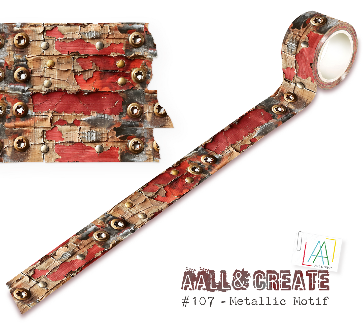 AALL & Create Layer It Up Metallic Motif #107 washi tape roll showing distressed red and tan panels with gold and silver metallic rivets in vintage industrial style, displayed with close-up detail and full roll