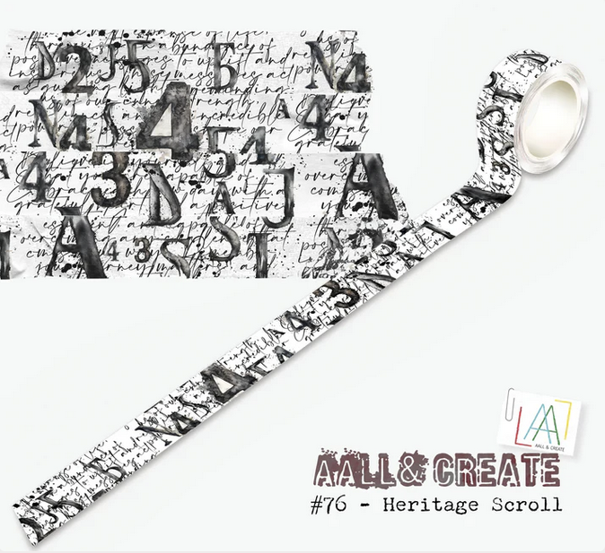 AALL & Create Layer It Up Heritage Scroll #76 washi tape roll showing vintage handwritten script overlaid with distressed numbers in black and white, displayed with close-up detail and full roll