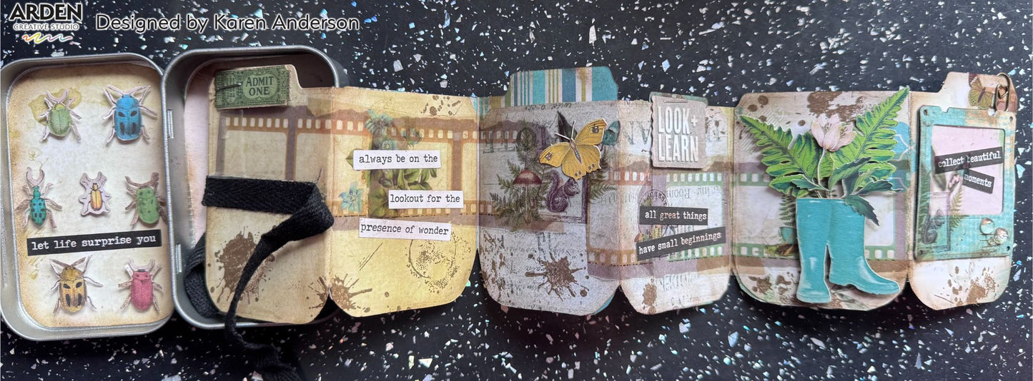 "Let Life Surprise You / Always Be on the Lookout / Look and Learn" altered tin accordion mini album sample using Arden Creative Studio Hidden Creek collection, featuring beetle die-cuts, film strip panels, fern die-cuts, wellington boot die-cuts, and vintage typography ephemera.