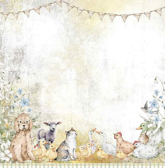 Reverse of Bee Arty Barnyard Talk paper with bunting, flowers and farm animals framing an open cream background