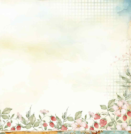 Reverse of Bee Arty Cottage Garden paper with strawberries, pink flowers and greenery on a soft cream and aqua background