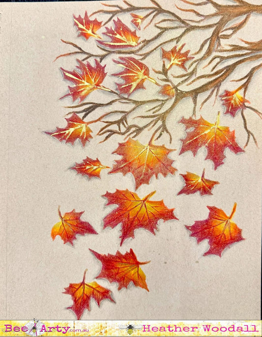 Sample artwork using the Bee Arty Maple A4 stencil, showing warm autumn reds, oranges, and golds blended through the maple branch and falling leaves design — artwork by Heather Woodall