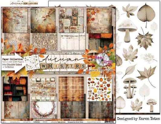 Bee Arty Autumn Whispers paper collection cover page showing all 14 double-sided 12x12 papers in a grid layout with autumn leaves and mushroom decorations, alongside a portion of the bonus botanical reverse sheet, designed by Karen Yates