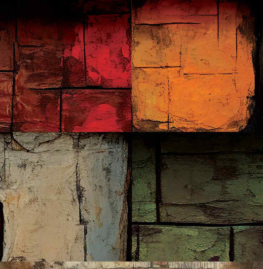 Reverse side of Bee Arty Cozy 12x12 paper featuring a bold close-up vintage printer's tray design with four large distressed compartments in crimson, burnt orange, cream, and olive green, from the Autumn Whispers collection by Karen Yates
