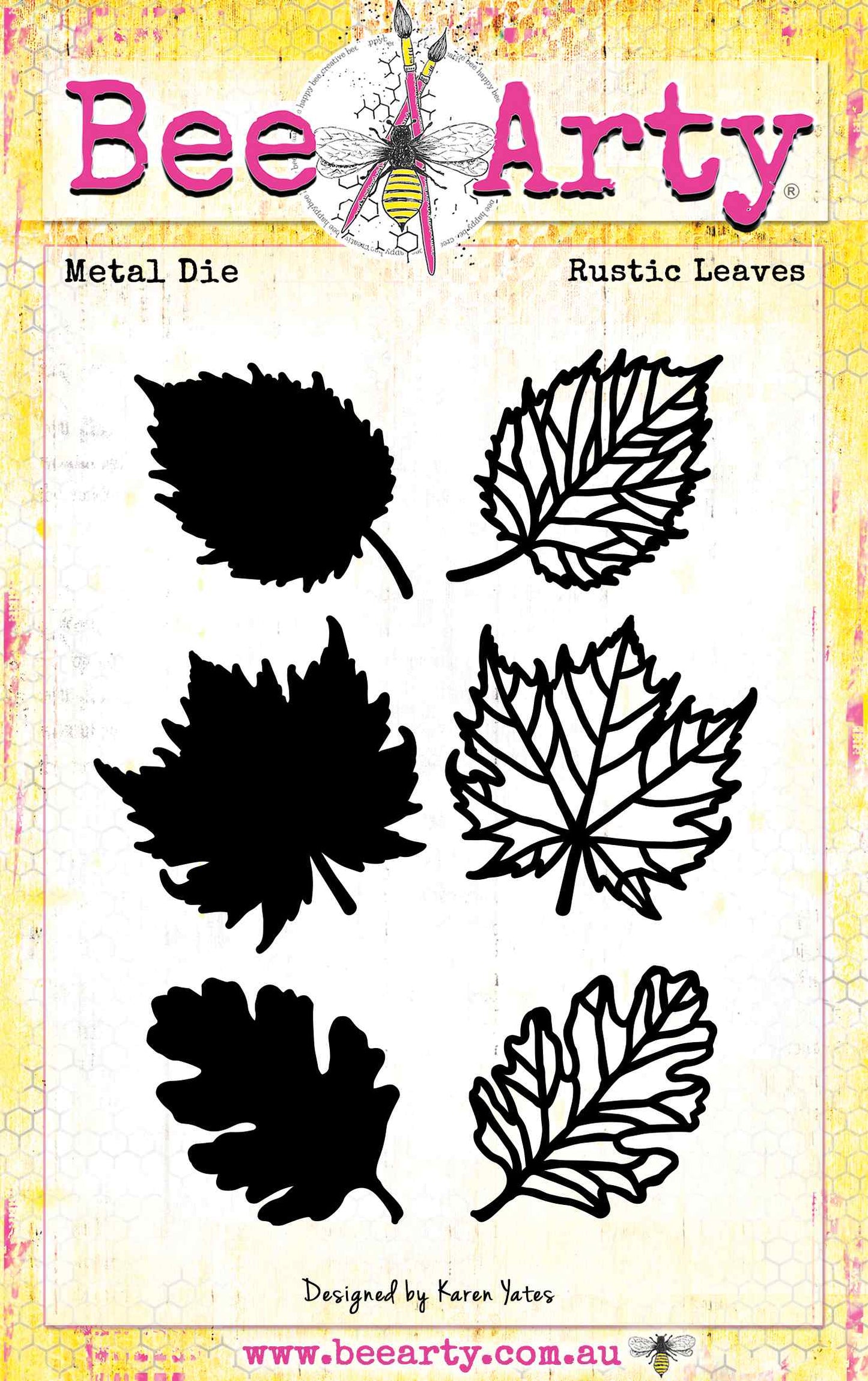 Bee Arty Rustic Leaves metal die set featuring 3 leaf shapes each with a solid silhouette and outline/veins die for layering, from the Autumn Whispers collection by Karen Yates