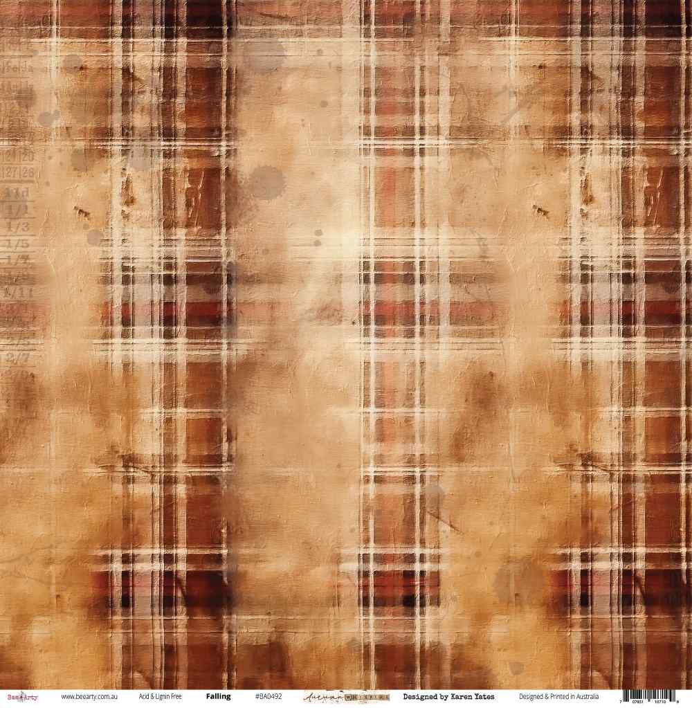 Front side of Bee Arty Falling 12x12 paper featuring a richly distressed tartan plaid pattern in burnt orange, burgundy, and sandy cream, from the Autumn Whispers collection by Karen Yates