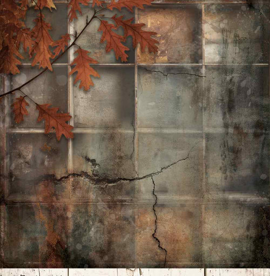 Reverse side of Bee Arty Falling 12x12 paper featuring a moody vintage printer's tray with trailing autumn oak leaves, designed to pair with Fascile for a double-page layout, from the Autumn Whispers collection by Karen Yates