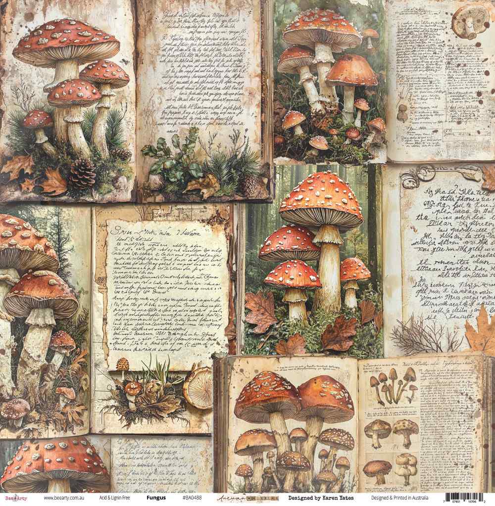 Front side of Bee Arty Fungus 12x12 paper featuring a vintage field notebook collage with fly agaric mushroom illustrations, handwritten script, and botanical sketches on aged parchment, from the Autumn Whispers collection by Karen Yates