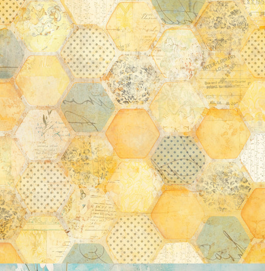 Reverse side of Bee Arty Border Daisy 12x12 paper showing an all-over hexagon patchwork collage with individual hexagons filled with polka dots, damask motifs, vintage handwriting, library stamps, and watercolour washes in warm yellow, peach, sage, and grey tones