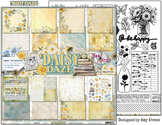 Bee Arty Daisy Daze Collection Cover 12x12 paper showing both the collection cover front and the detailed Cut & Colour line-art reverse, from the Daisy Daze collection by Amy Evans