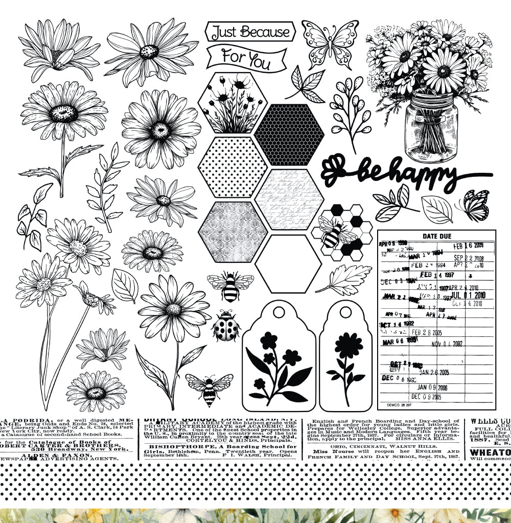 Reverse side of Bee Arty Daisy Daze Collection Cover 12x12 paper showing the Cut & Colour sheet with detailed black and white line-art illustrations of daisy blooms, bumblebees, butterflies, hexagons, a mason jar bouquet, gift tags, and vintage text elements