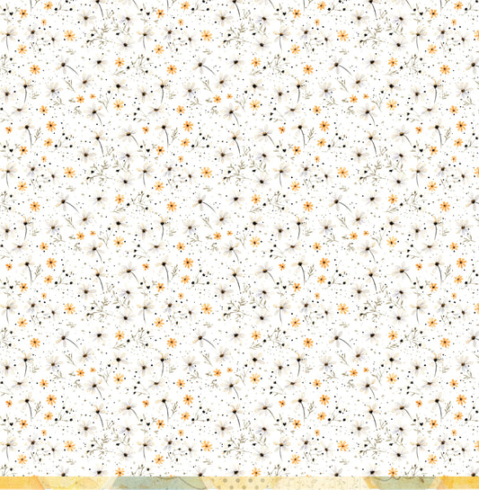 Reverse side of Bee Arty Daisy Frame 12x12 paper showing a fresh white background with an all-over scattered pattern of mini white and golden daisy and cosmos blooms with delicate foliage sprigs and ink spatter