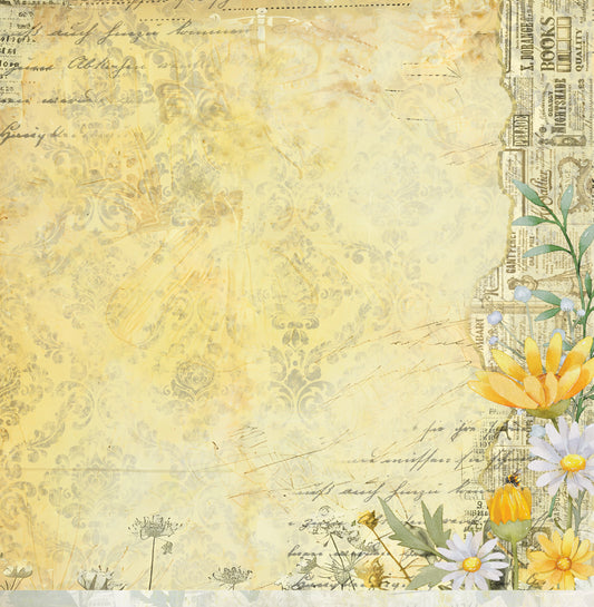Reverse side of Bee Arty Daisy Shower 12x12 paper showing a warm golden vintage background with script, damask texture, and a yellow and white daisy floral corner detail
