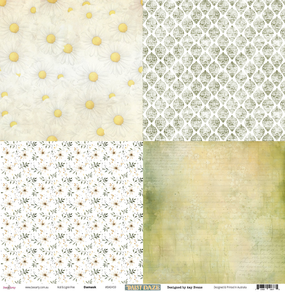 Front side of Bee Arty Daisy Daze Damask 12x12 paper showing four quarter-page designs — a close-up daisy photograph, a sage green damask on white, a scattered floral and foliage design with gold spatter, and a sage green lined journal background