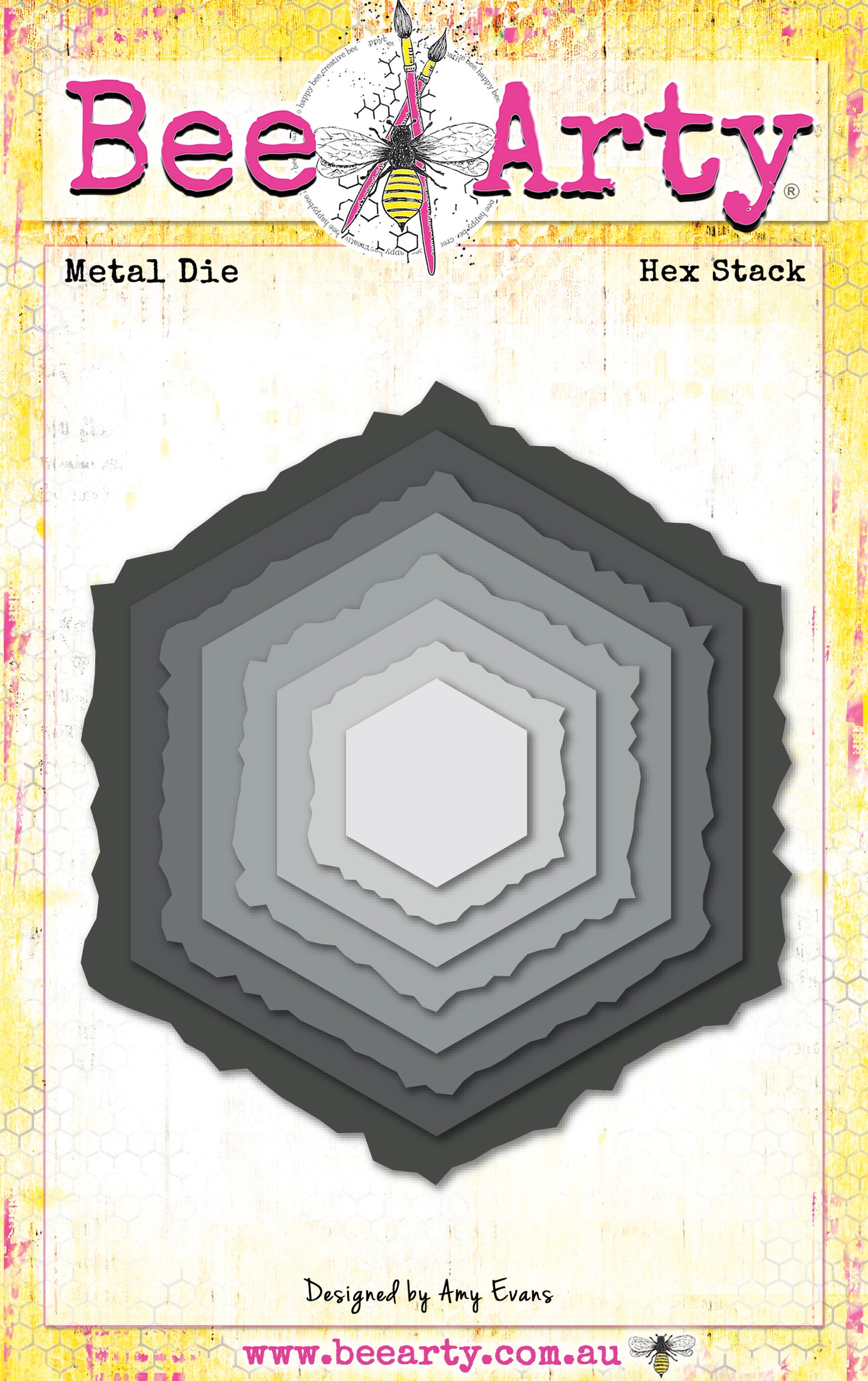 Bee Arty Hex Stack Metal Die set showing 8 nesting hexagon dies with straight and textured edges, ranging from 25mm to 95mm, from the Daisy Daze collection