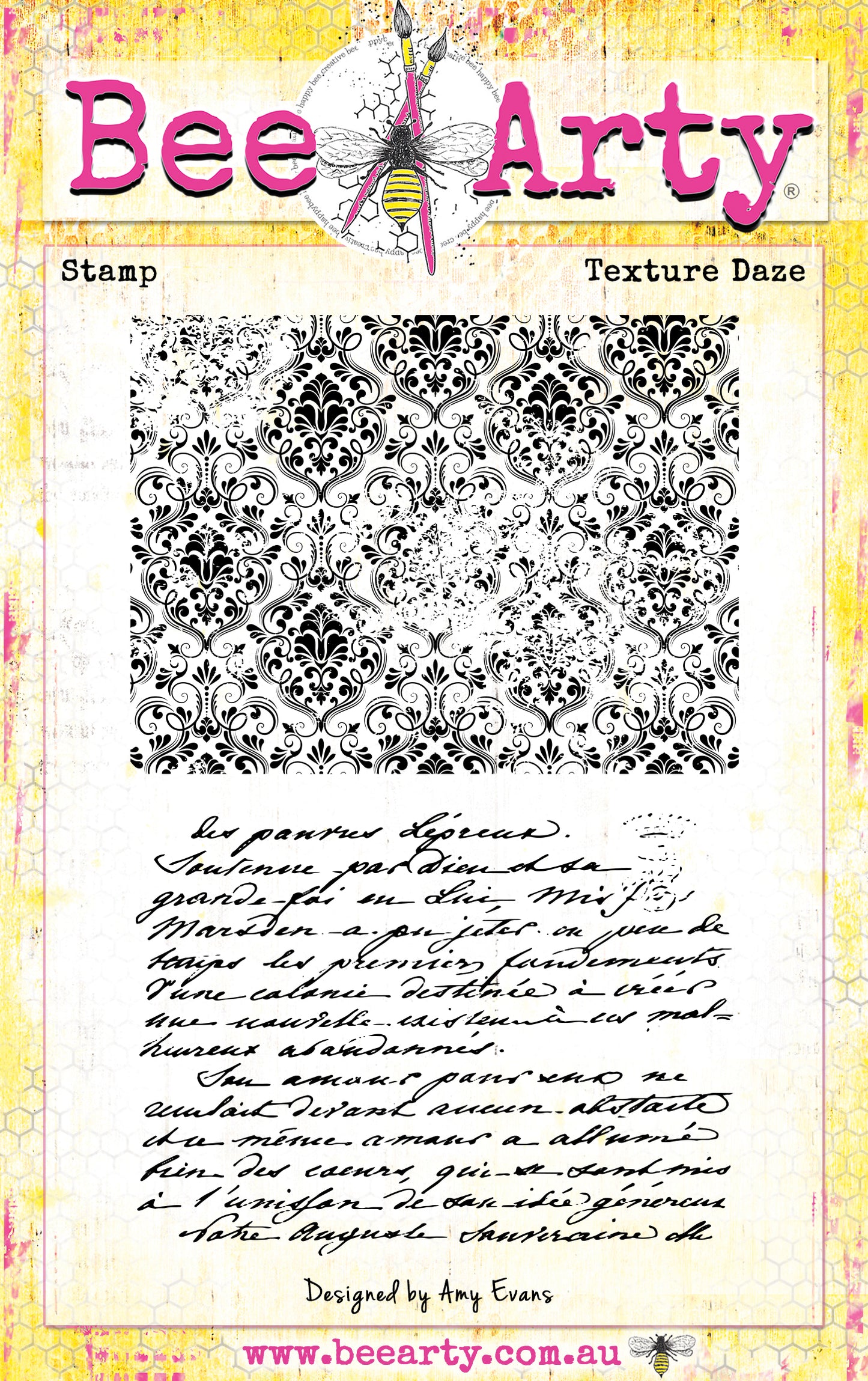 Bee Arty Texture Daze Clear Stamp Set showing two 100mm x 75mm stamps — an ornate grunge damask pattern and flowing French script — from the Daisy Daze collection by Amy Evans