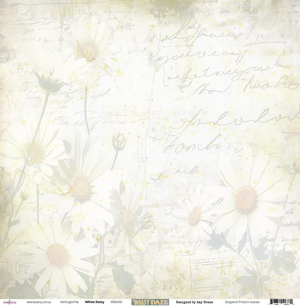 Front side of Bee Arty White Daisy 12x12 paper featuring a soft all-over design of white daisies with a pale script overlay in cream and white tones