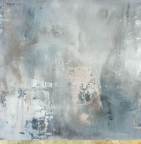 Bee Arty Collage 12x12 paper reverse featuring soft grey-blue and cream painterly background with weathered textures from Measured Moments Collection by Karen Louwen