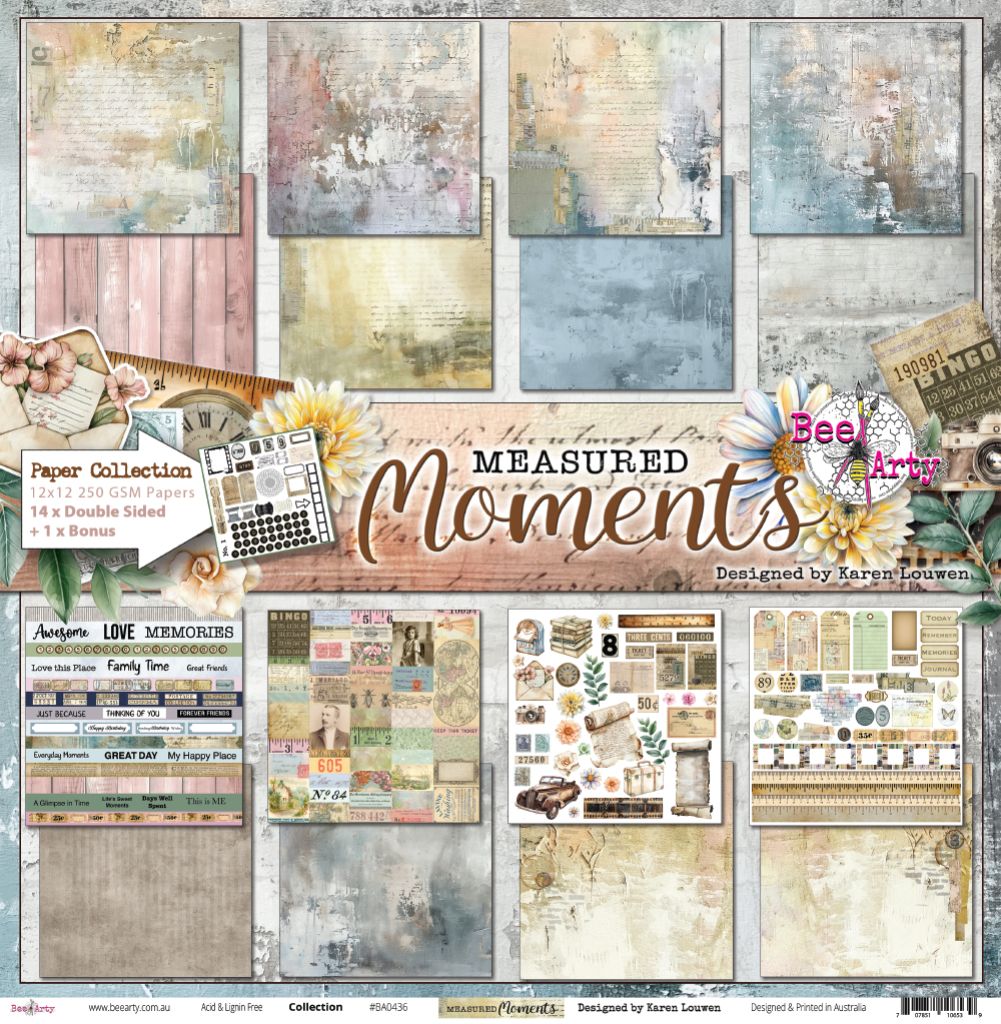 Bee Arty Measured Moments Collection Cover Sheet front showcasing vintage typewriter keys, distressed number plates, film strip, frames, doily, tags and embellishments in cream, black and grey tones designed by Karen Louwen